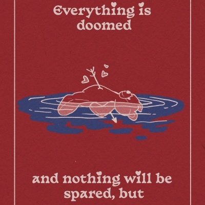 Design de coração vermelho na água com texto em inglês em fundo vermelho