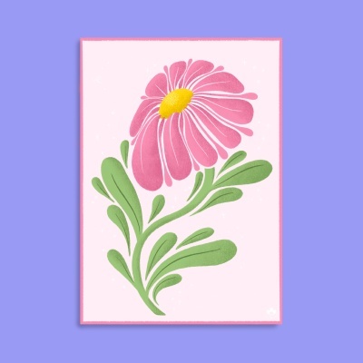 Cartaz com ilustração de flor rosa e folhas verdes num fundo rosa claro com borda rosa escuro
