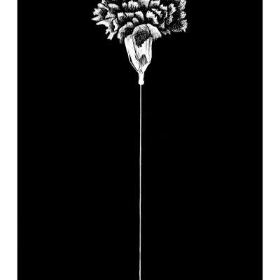 Desenho preto e branco de uma flor estilizada com caule comprido sobre fundo negro