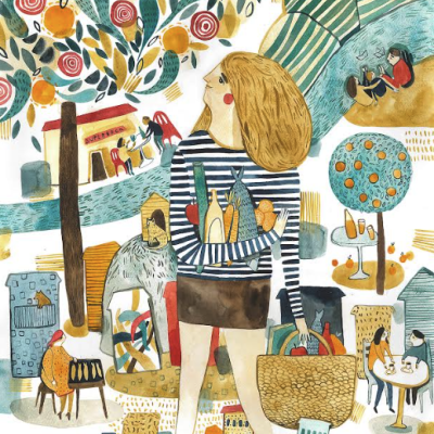 Ilustração colorida de mulher com camisola às riscas e cesta num ambiente urbano com árvores e pessoas