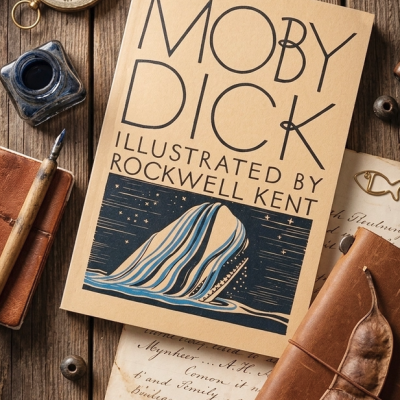 Livro Moby Dick com capa bege e ilustração de baleia numa mesa de madeira com bússola, tinteiro, caneta e caderno de couro.