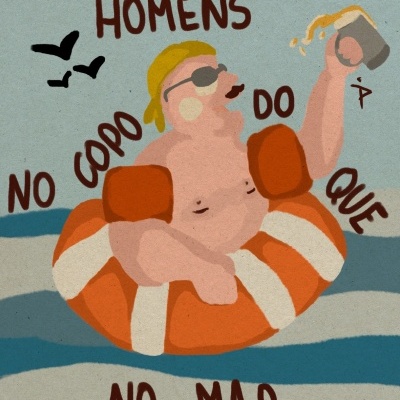 Ilustração de homem com boia e copo de cerveja com texto em português