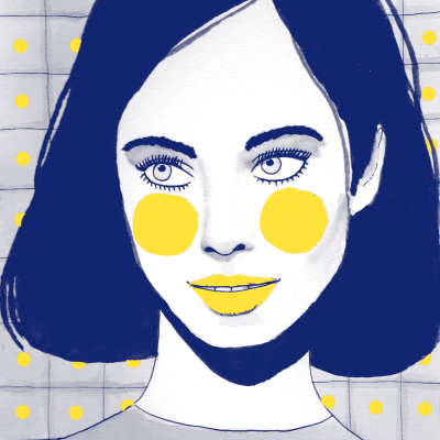 Ilustração de mulher com cabelo azul curto e bochechas amarelas