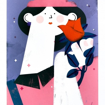 Ilustração de pessoa com boina rosa segurando rosa vermelha