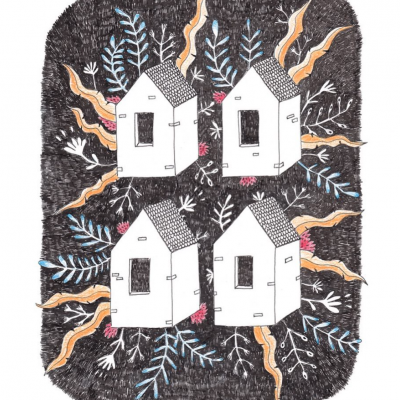 Desenho de quatro casinhas brancas com elementos decorativos coloridos ao redor