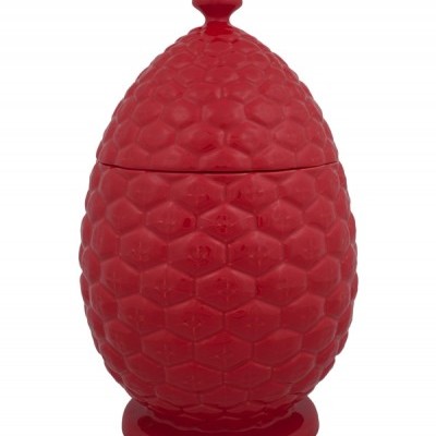 Recipiente decorativo vermelho com padrão hexagonal em forma de ovo com tampa.