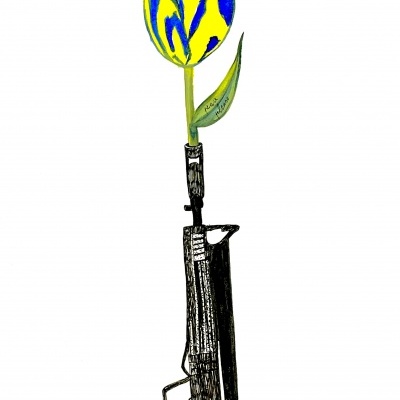 Ilustração de arma preta com tulipa azul e amarela na extremidade, fundo branco.