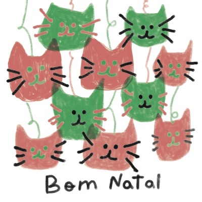 Desenho colorido de gatos verdes e vermelhos com texto 'Bom NaTal'