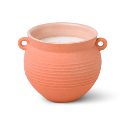 Vela em pote terracota com alças e textura de linhas