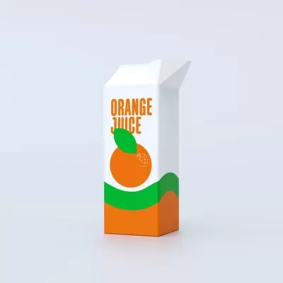 Caixa branca e laranja de sumo de laranja com texto e imagem de laranja