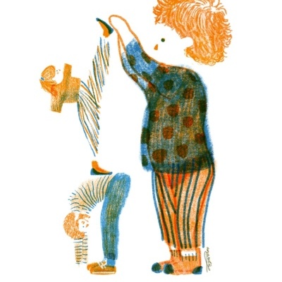 Desenho de duas crianças com roupas às riscas e bolinhas, uma está de cabeça para baixo segurada pela outra.