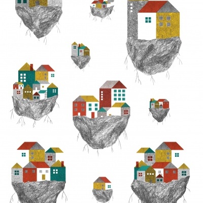 Ilustração de ilhas flutuantes com casas coloridas