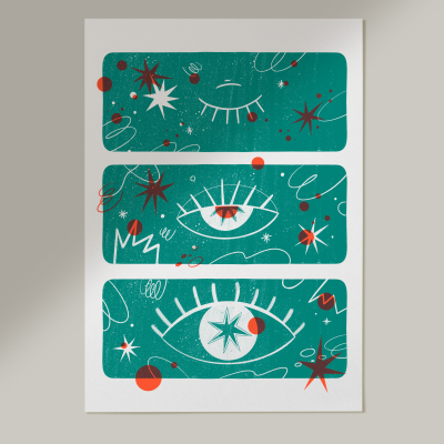 Ilustração gráfica de três olhos em painéis verde-azulados com estrelas e linhas abstratas