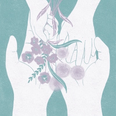 Quatro mãos segurando flores e folhas em ilustração minimalista com fundo azul-esverdeado.