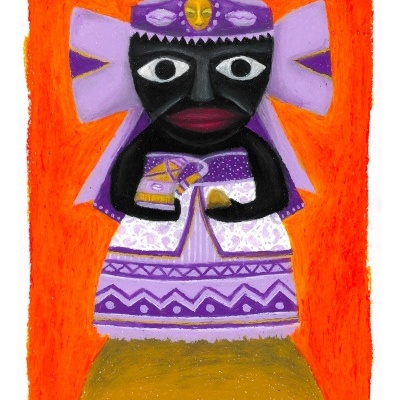 Pintura de figura com rosto preto e traje lilás com padrões, fundo alaranjado