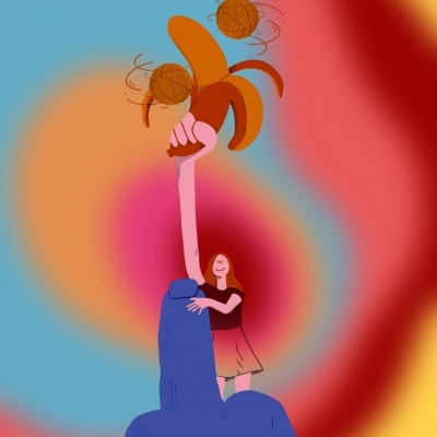 Ilustração de uma figura humana abraçando um dedo azul que segura bananas animadas em fundo colorido.