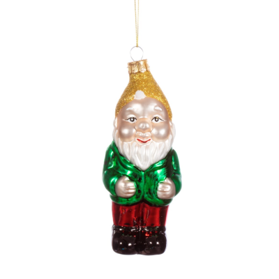 Figura pendente de duende decorativo com roupa verde, vermelha e dourada