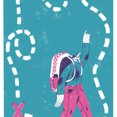 Ilustração de pessoa levando mochila caminhando com fundo azul e linhas tracejadas