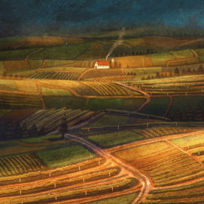 Pintura de paisagem rural com vinhas, caminho, casa branca e montanhas ao fundo