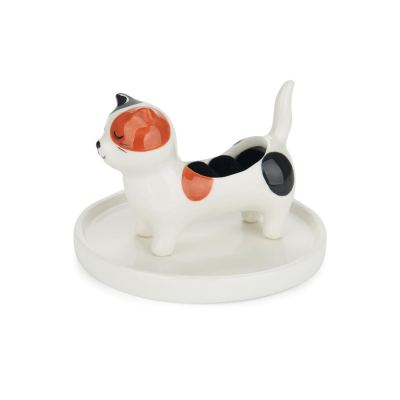 Suporte para anéis de cerâmica em forma de gato branco com manchas pretas e castanhas