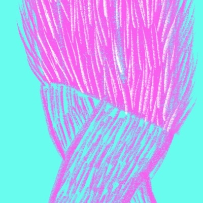 Desenho digital de figura humanoide roxa com pernas azuis e olhos brancos em fundo azul claro