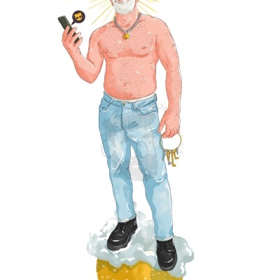 Ilustração de homem sem camisa, jeans azuis, sapatos pretos, segurando telemóvel e chaves, em cima de nuvem e esfera dourada