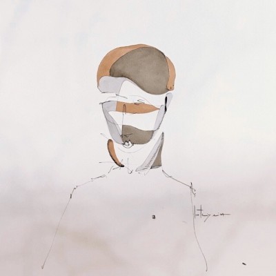 Ilustração abstrata de figura humana com cores castanhas, cinzentas e brancas