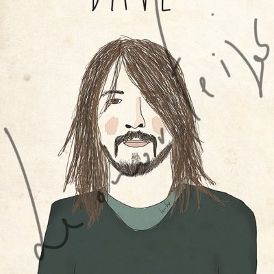 Desenho de homem com cabelo castanho comprido e barba, camisola verde escura, fundo bege com texto DAVE
