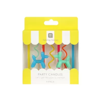 Caixa com velas coloridas para festa com design de balão de cão.