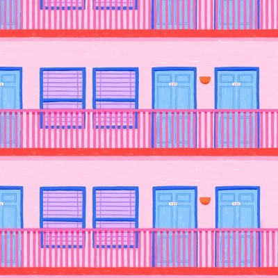 Padrão de fachadas de prédio com portas azuis e varandas vermelhas em fundo rosa