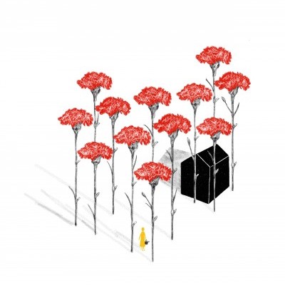 Ilustração minimalista com flores vermelhas e figura amarela no fundo branco