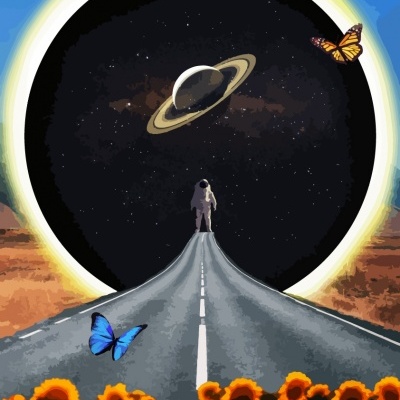 Imagem artística com estrada, astronauta, girassóis, eclipse e borboletas
