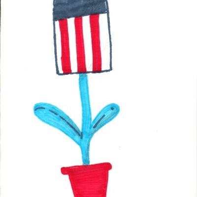 Desenho de planta com vaso vermelho, caule e folhas azuis e flor colorida