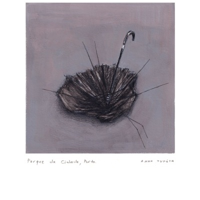 Pintura em tons de cinza de guarda-chuva aberto para baixo com texto manuscrito