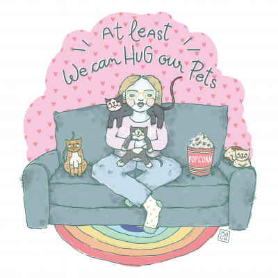 Ilustração de mulher a abraçar gatos num sofá com pipocas e tapete colorido