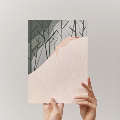 Pôster com ilustração de figura humana e árvores estilizadas