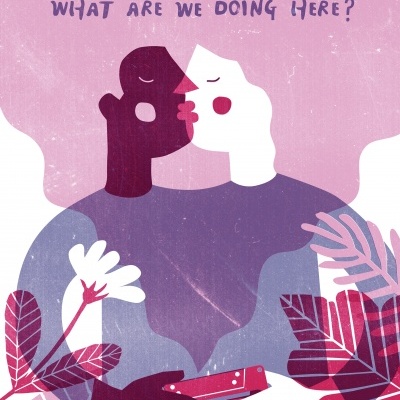 Ilustração de casal a beijar com livro 'TRUE ROMANCE' e plantas cor-de-rosa