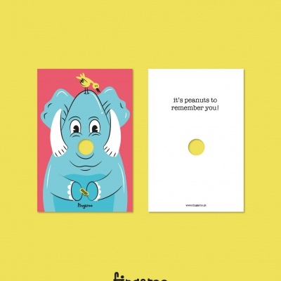 Cartão ilustrado com elefante azul e texto 'It's peanuts to remember you!' em fundo amarelo