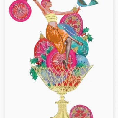 Ilustração de taça dourada com bolas de Natal coloridas e mulher sentada segurando uma bola, com pássaro azul