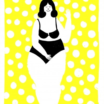 Silhueta feminina em roupa interior preta sobre fundo amarelo com bolinhas brancas.