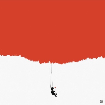 Ilustração de homem a baloiçar sob uma área vermelha extensa