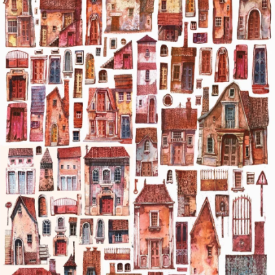 Ilustrações de edifícios rústicos com portas e janelas em várias cores e texturas.