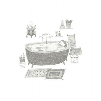 Ilustração de uma banheira oval com pessoa e plantas à volta