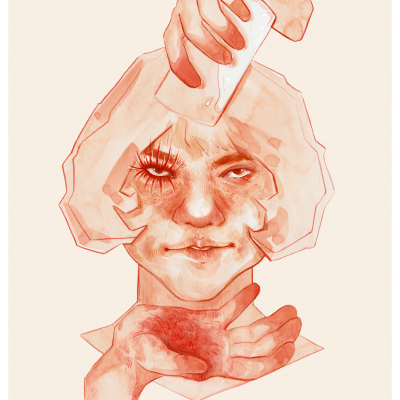 Ilustração de rosto feminino vermelho com esponja e mão manchada