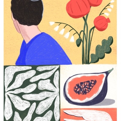 Ilustração gráfica com mulher, flores, padrão abstrato, fruta e ave estilizada.