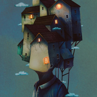 Figura humana com casas empilhadas na cabeça e janelas iluminadas em fundo azul