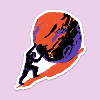 Adesivo com figura humana a empurrar esfera colorida