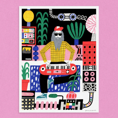 Ilustração colorida de músico com sintetizador entre plantas e eletrónica