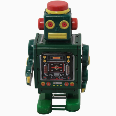 Robô de lata vintage verde e vermelho com detalhes eletrónicos