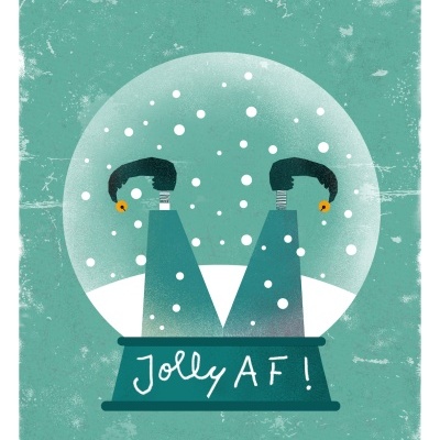 Ilustração de globo de neve com pés de botas pretas dentro e texto 'Jolly AF!' na base